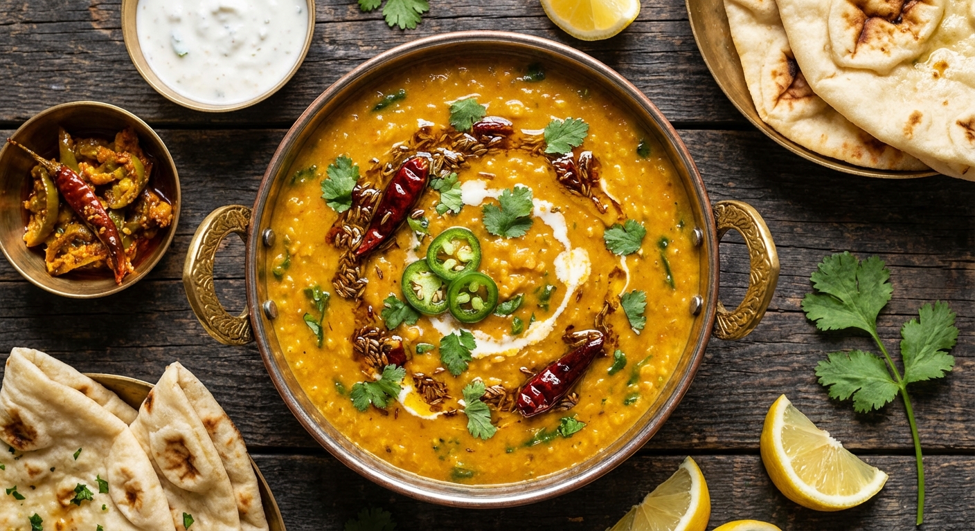 Spiced Red Lentil Soup with Mustard Greens