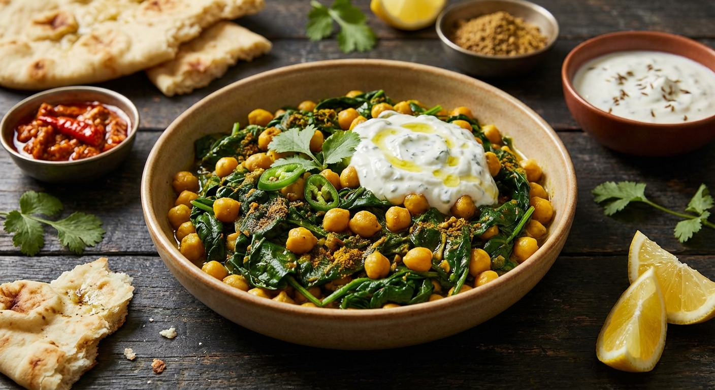 Spiced Spinach and Chickpeas with Minted Yogurt