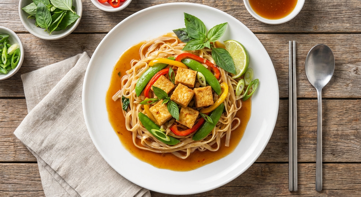 Spicy Basil Noodles with Crispy Tofu, Snap Peas, and Bell Peppers