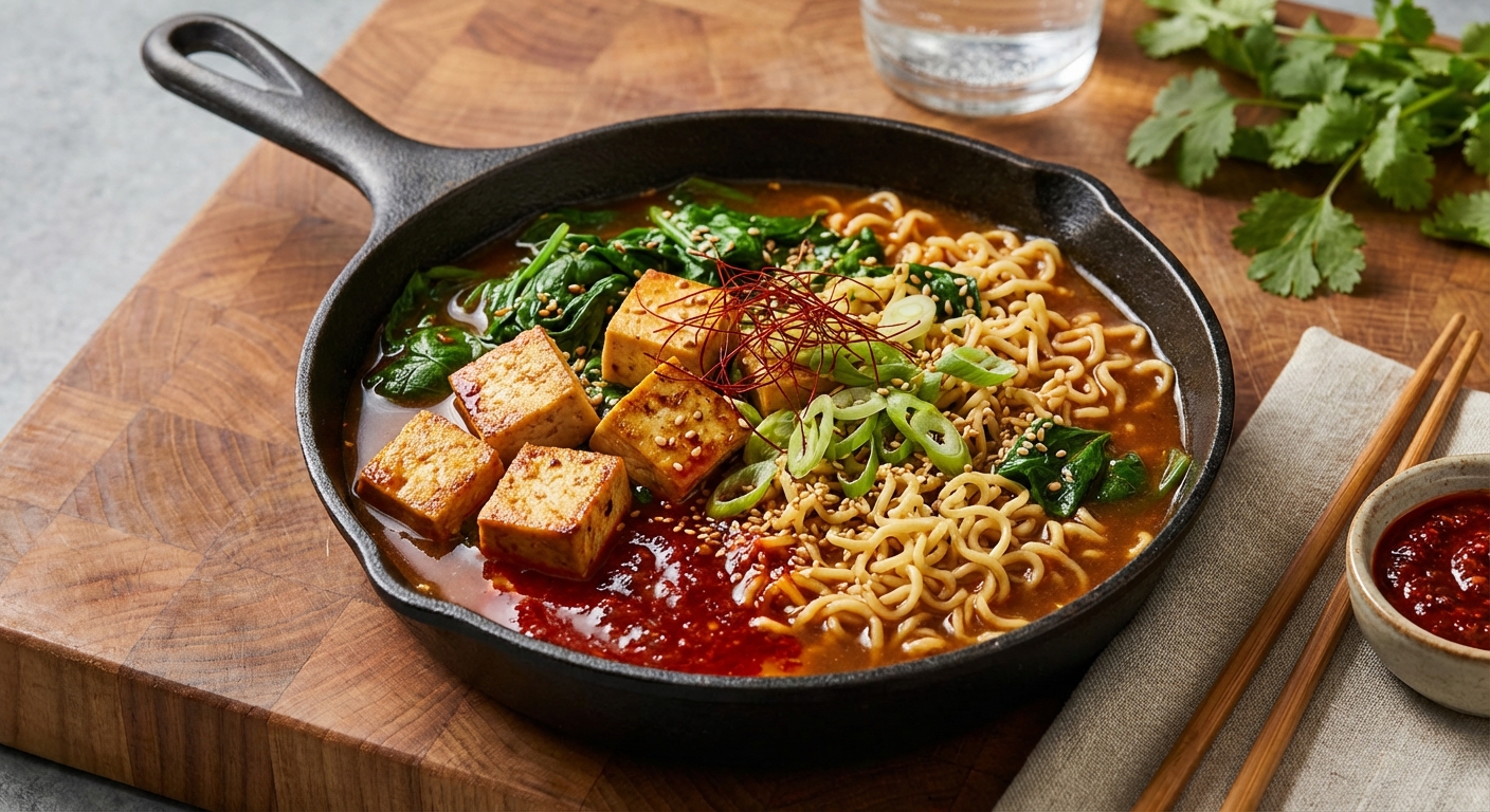 Spicy Skillet Ramen with Tofu and Spinach