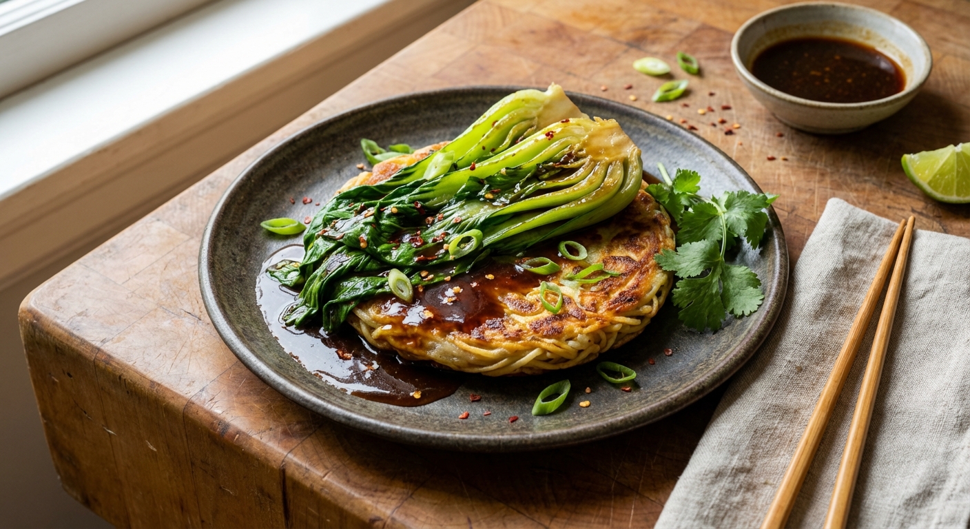Stir-Fried Bok Choy with Noodle Cake