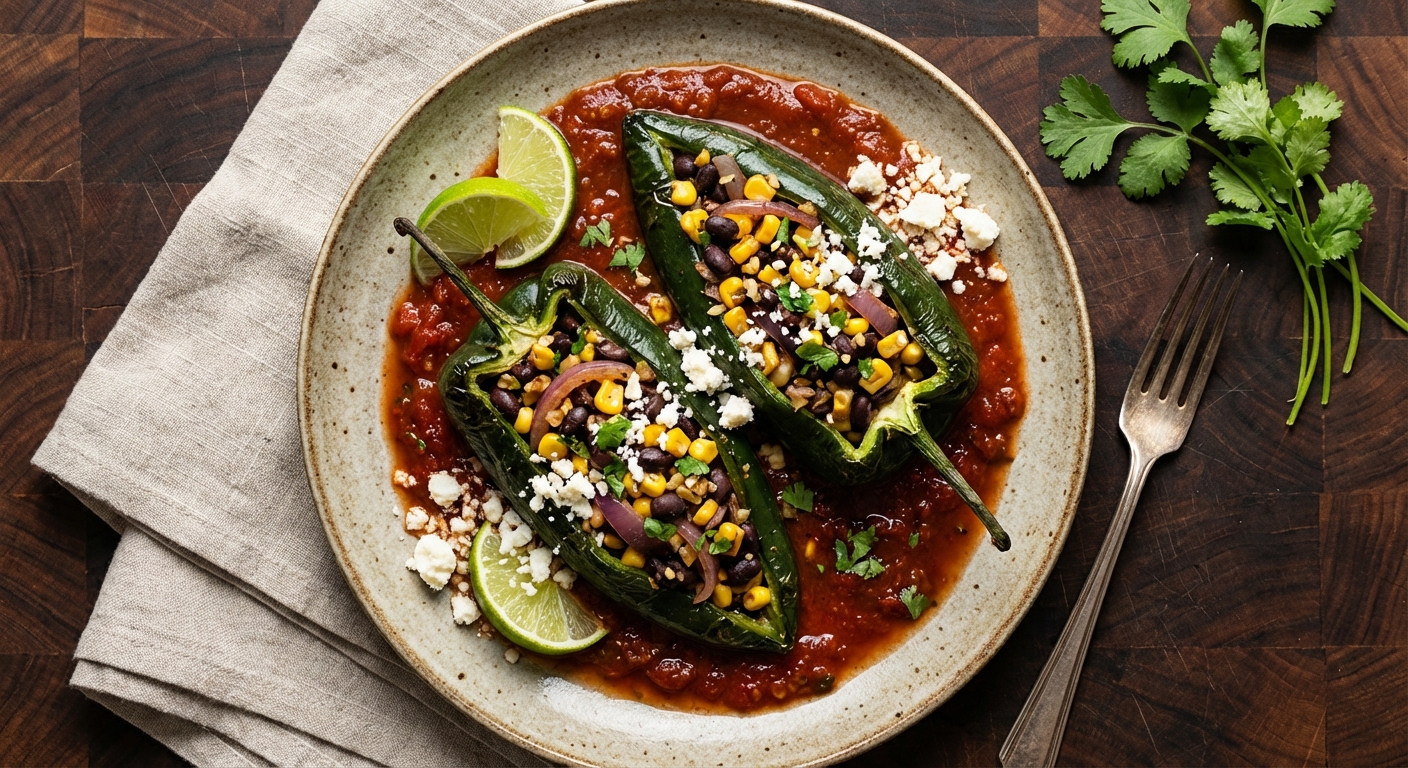 Stuffed Poblano Peppers with Black Beans and Corn