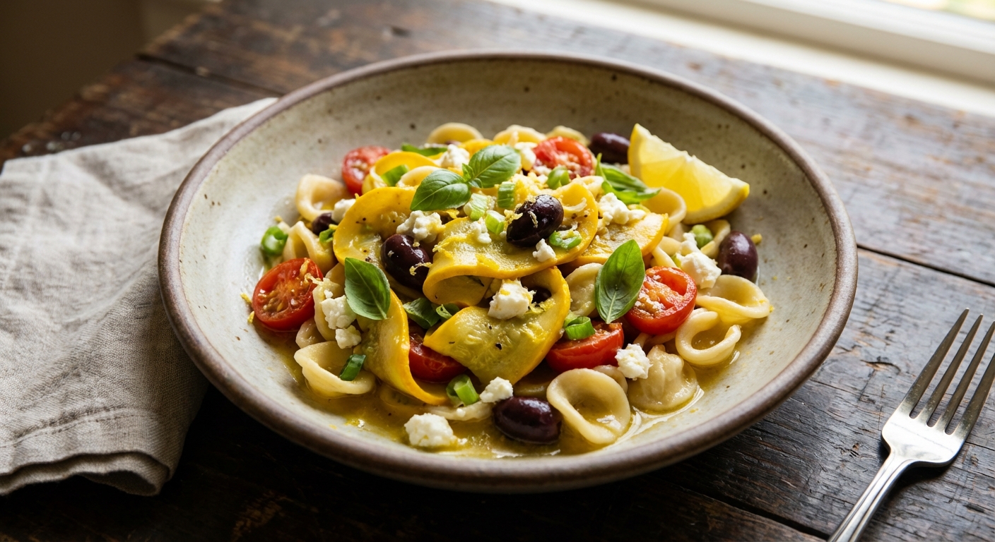 Summer Squash Pasta with Olives and Feta