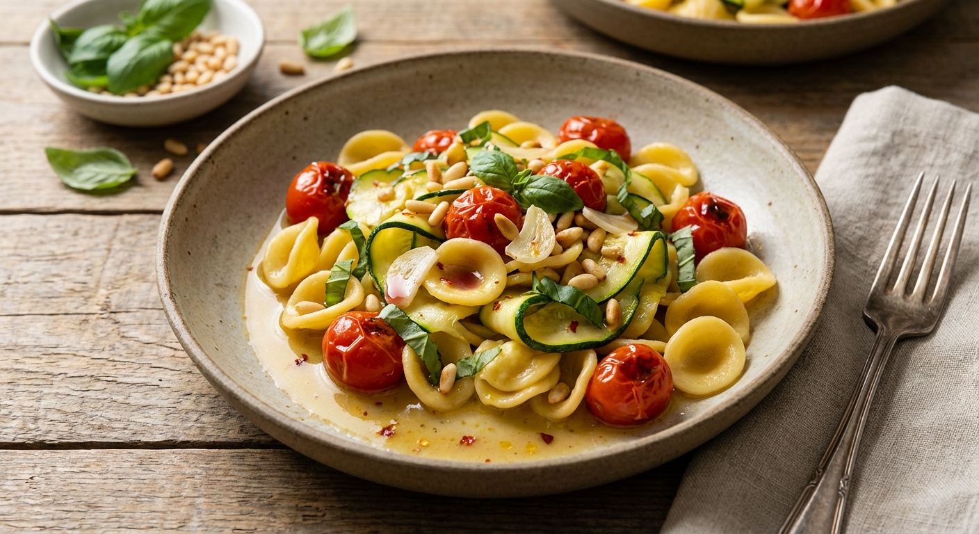 Summer Squash Pasta with Tomatoes and Pine Nuts