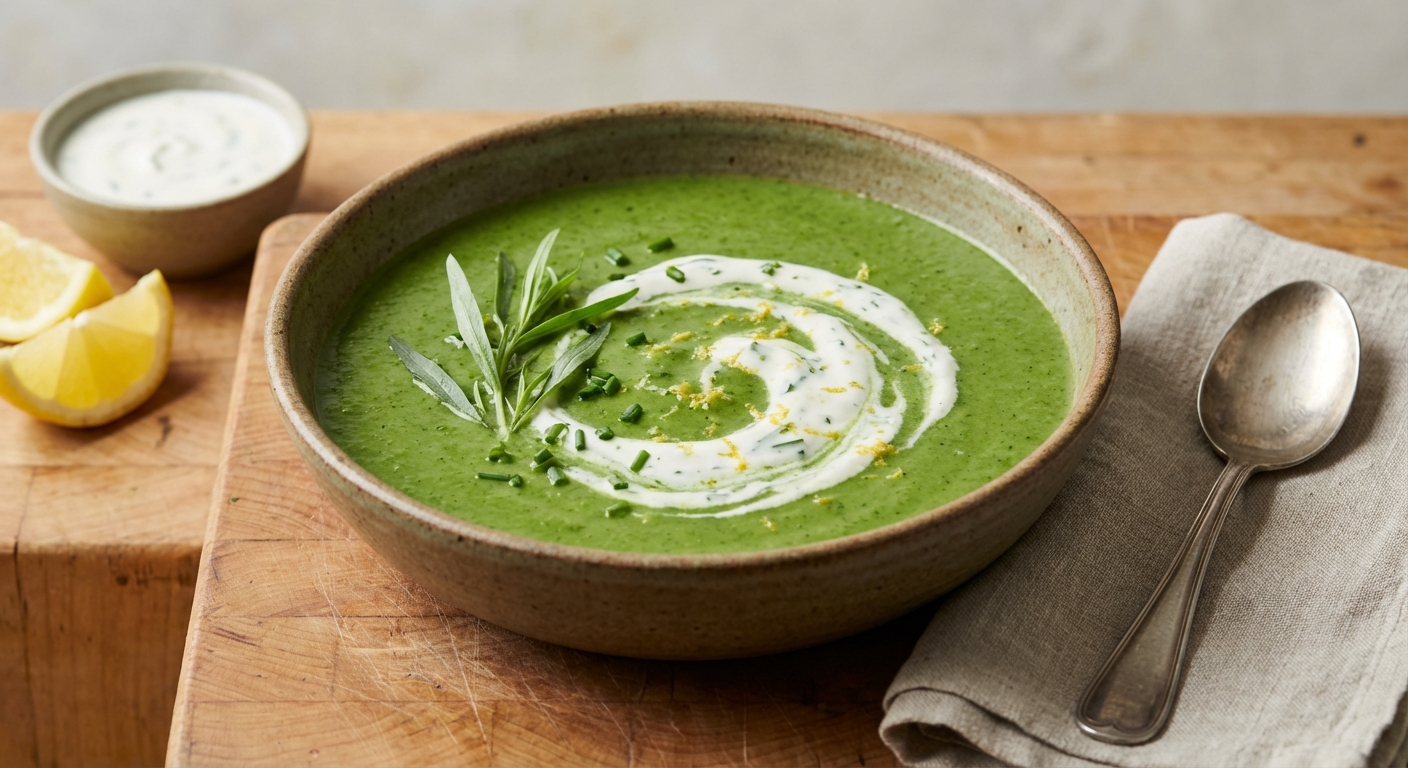 Super Greens Soup with Lemon-Tarragon Cream