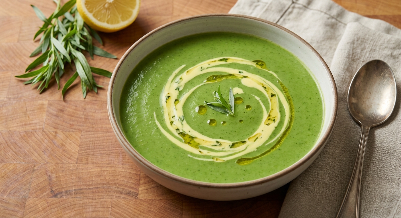Super Greens Soup with Lemon-Tarragon Cream