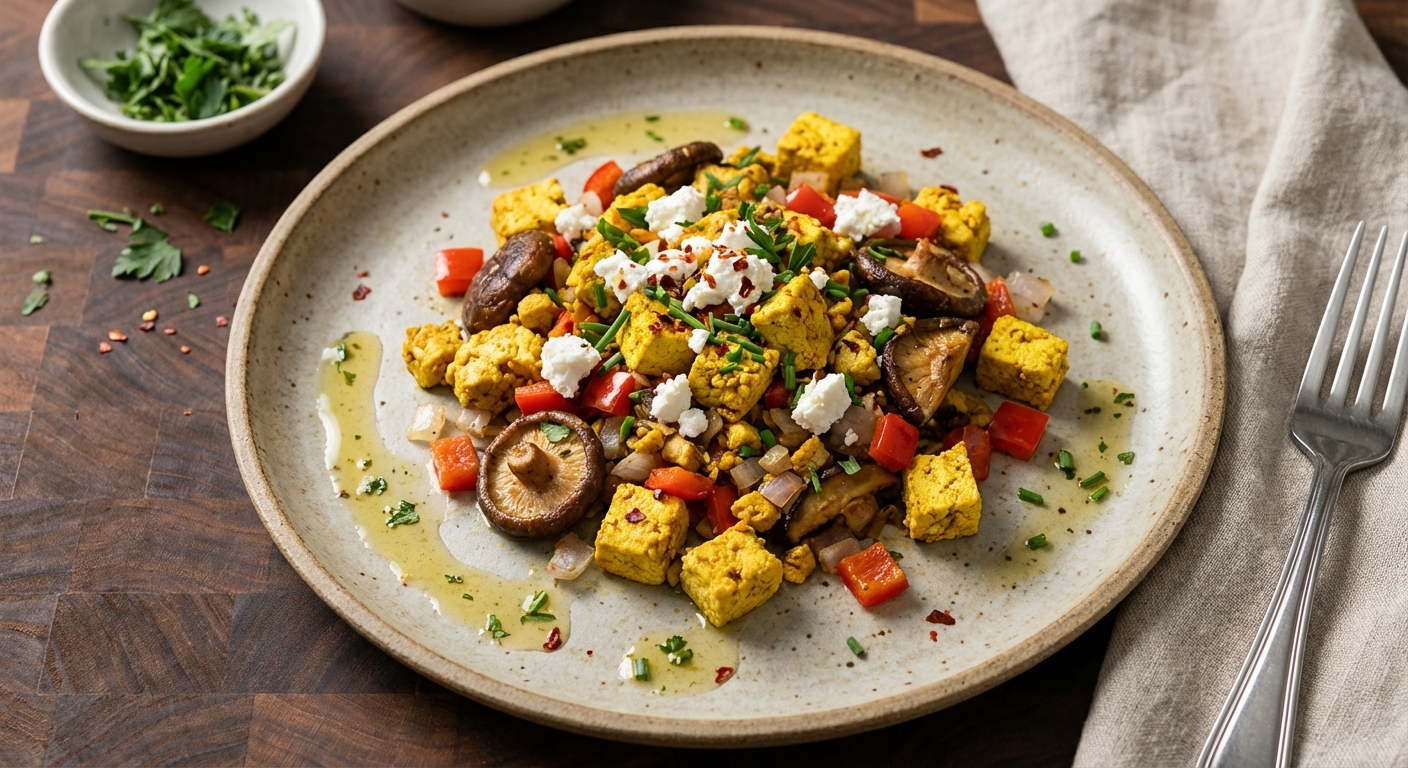 Tofu Scramble with Shiitakes, Red Bell Pepper, and Goat Cheese