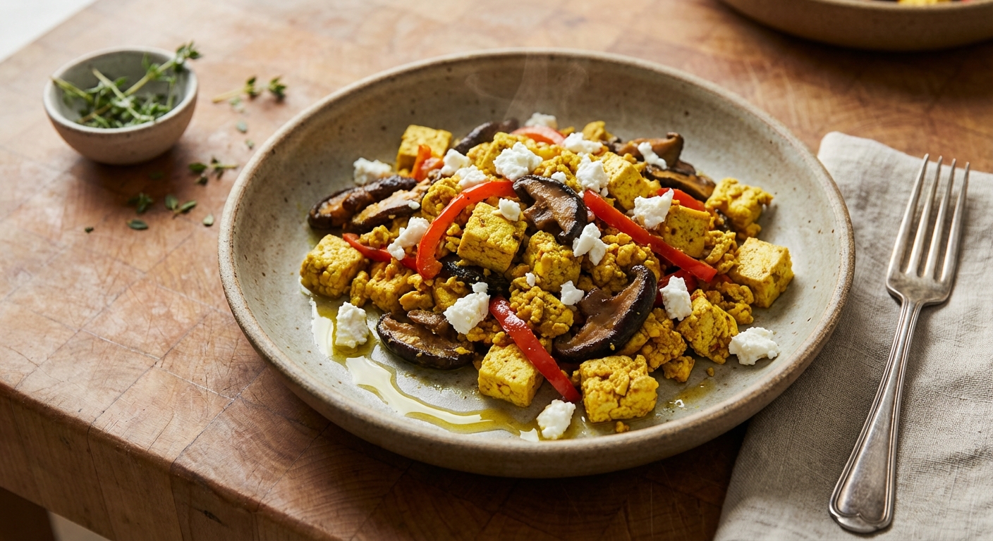 Tofu Scramble with Shiitakes, Red Bell Pepper, and Goat Cheese