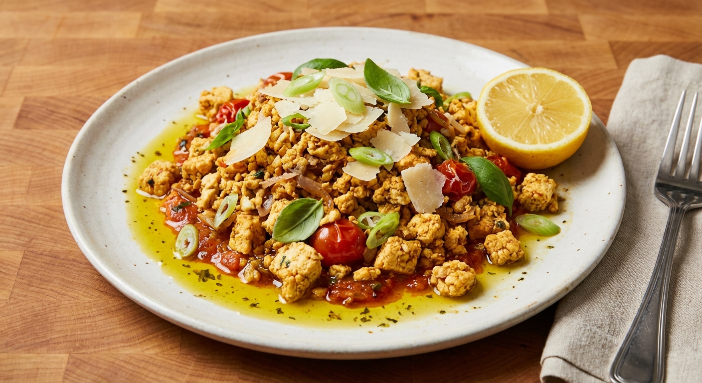 Tofu Scramble with Tomato, Scallions, and Parmesan