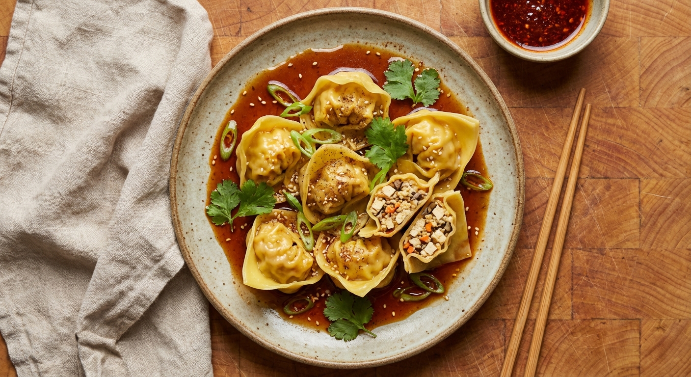 Tofu Wontons in Chili Soy Sauce