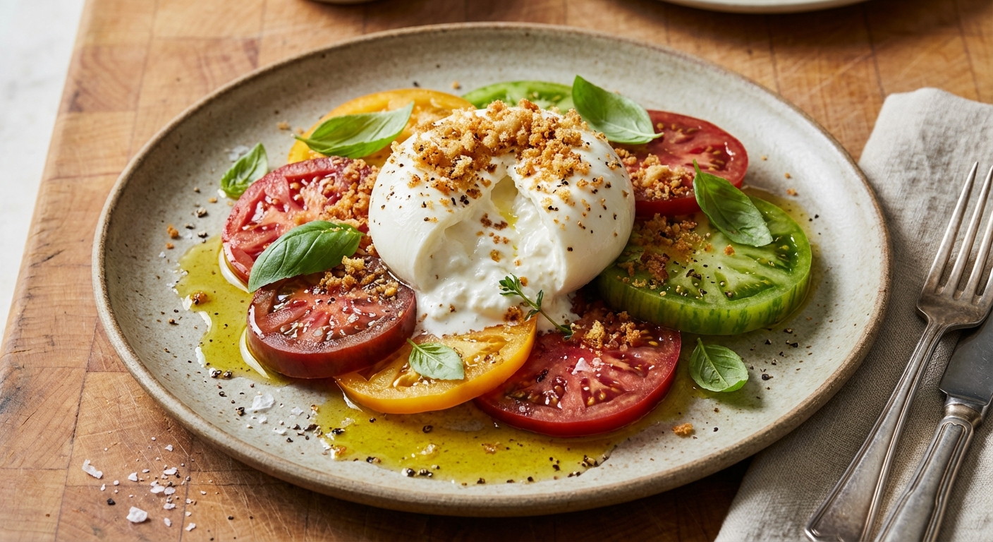 Tomato and Burrata Salad with Pangrattato and Basil