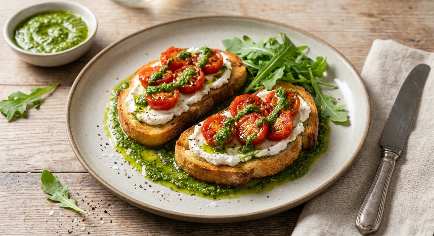 Tomato and Goat Cheese Toasts with Arugula Pesto