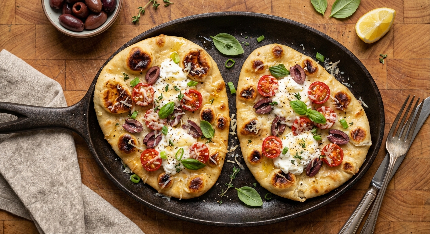 Tomato and Olive Naan Pizzas