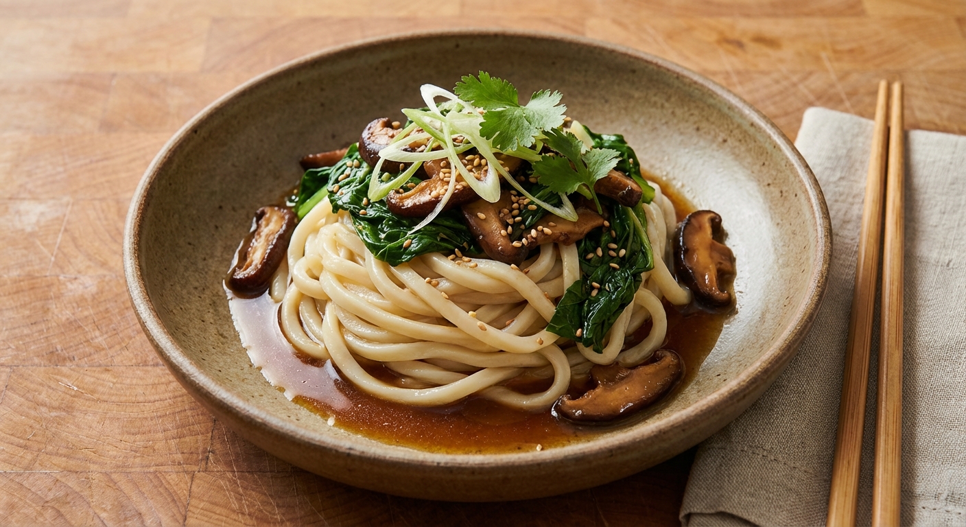 Udon Noodles with Mustard Greens and Shiitake-Ginger Sauce