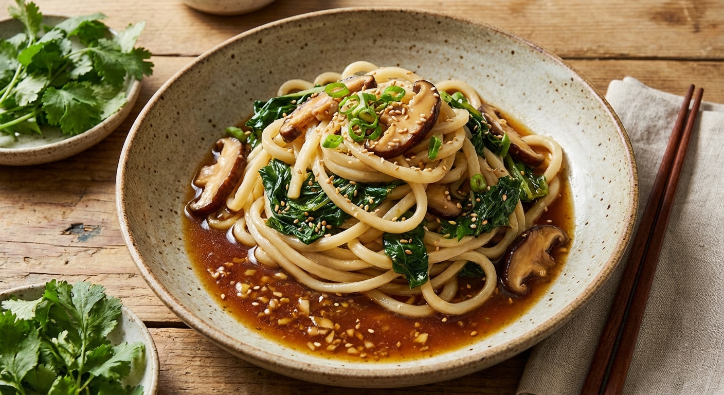 Udon Noodles with Mustard Greens and Shiitake-Ginger Sauce