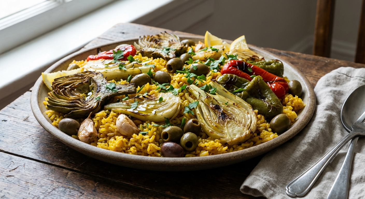 Vegetable Paella with Roasted Artichokes and Fennel
