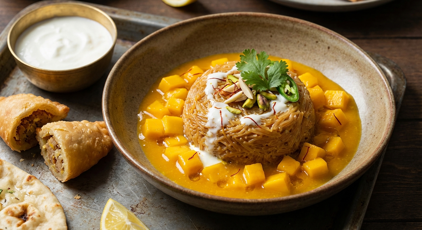 Vermicelli Milk Pudding with Saffron Mangoes