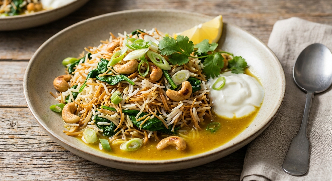 Vermicelli Rice with Spinach and Cashews