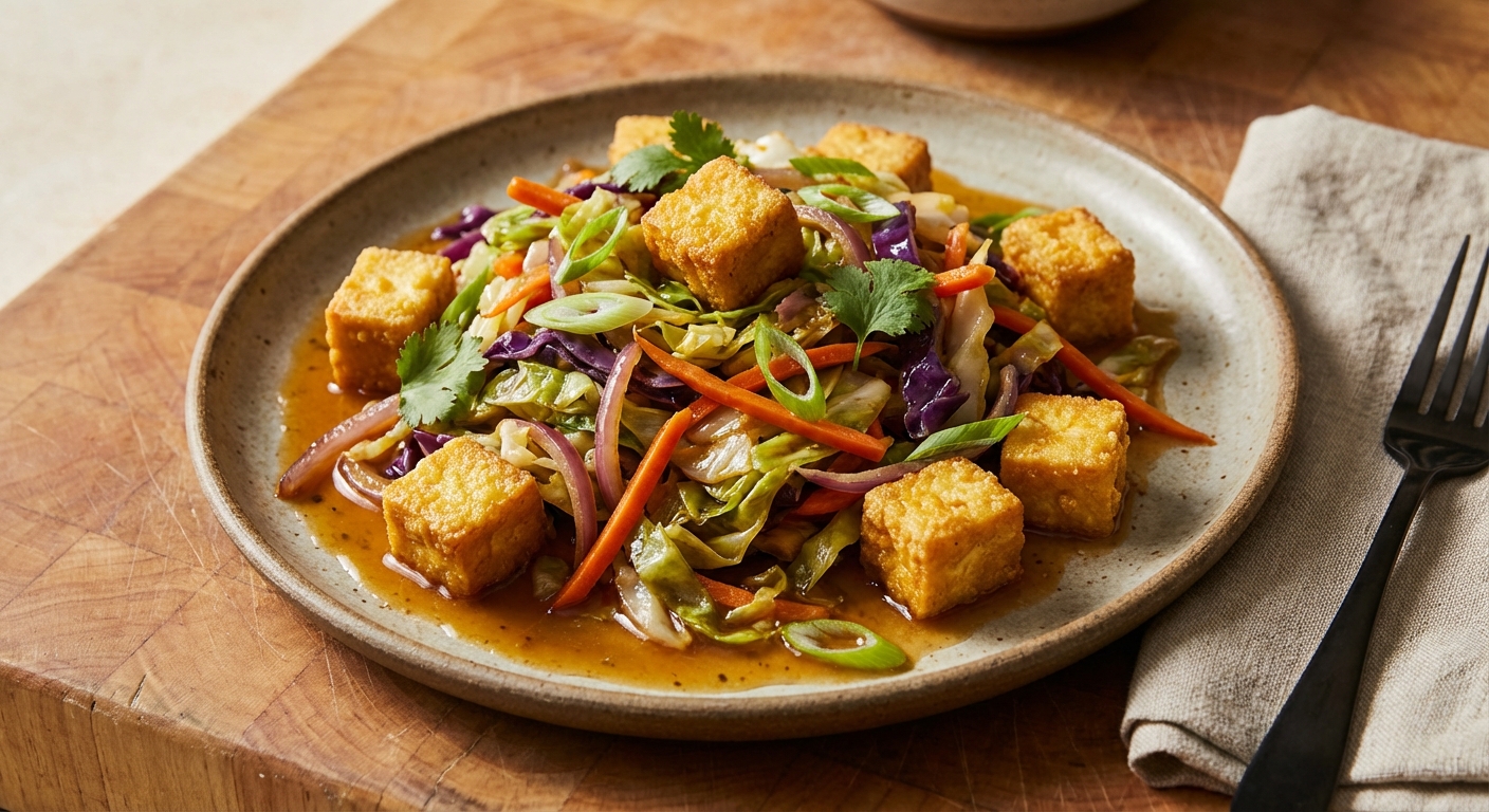 Warm Cabbage Salad with Crispy Tofu