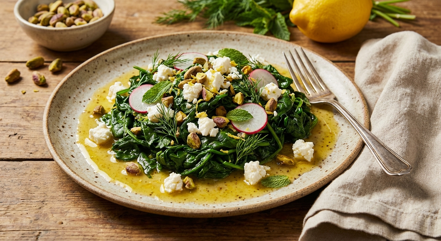Warm Spinach Salad with Feta and Pistachios