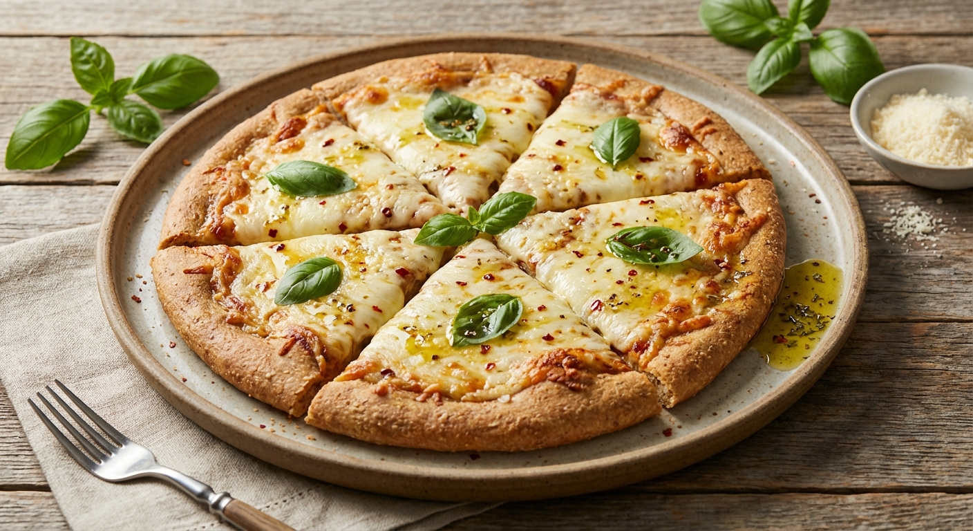 Whole-Wheat Pizza with Garlic Oil, Three Cheeses, and Basil