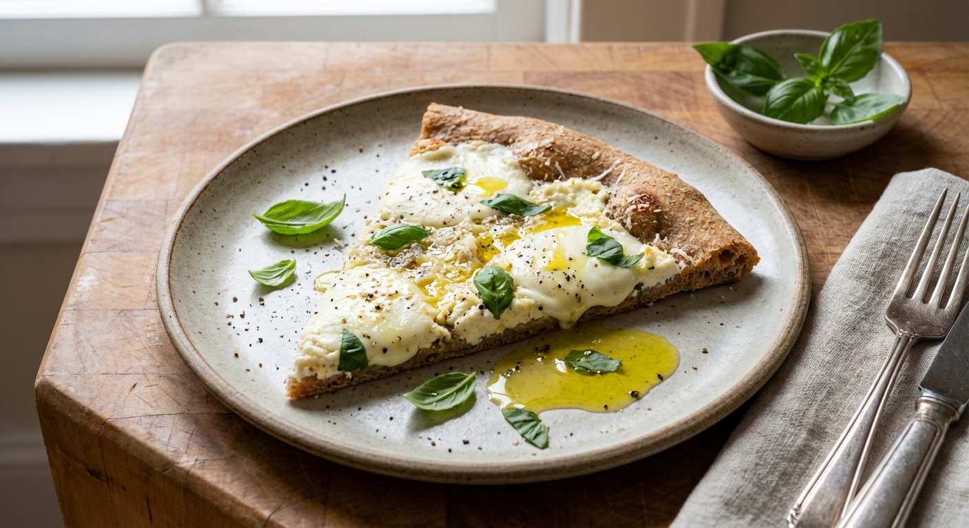 Whole-Wheat Pizza with Garlic Oil, Three Cheeses, and Basil