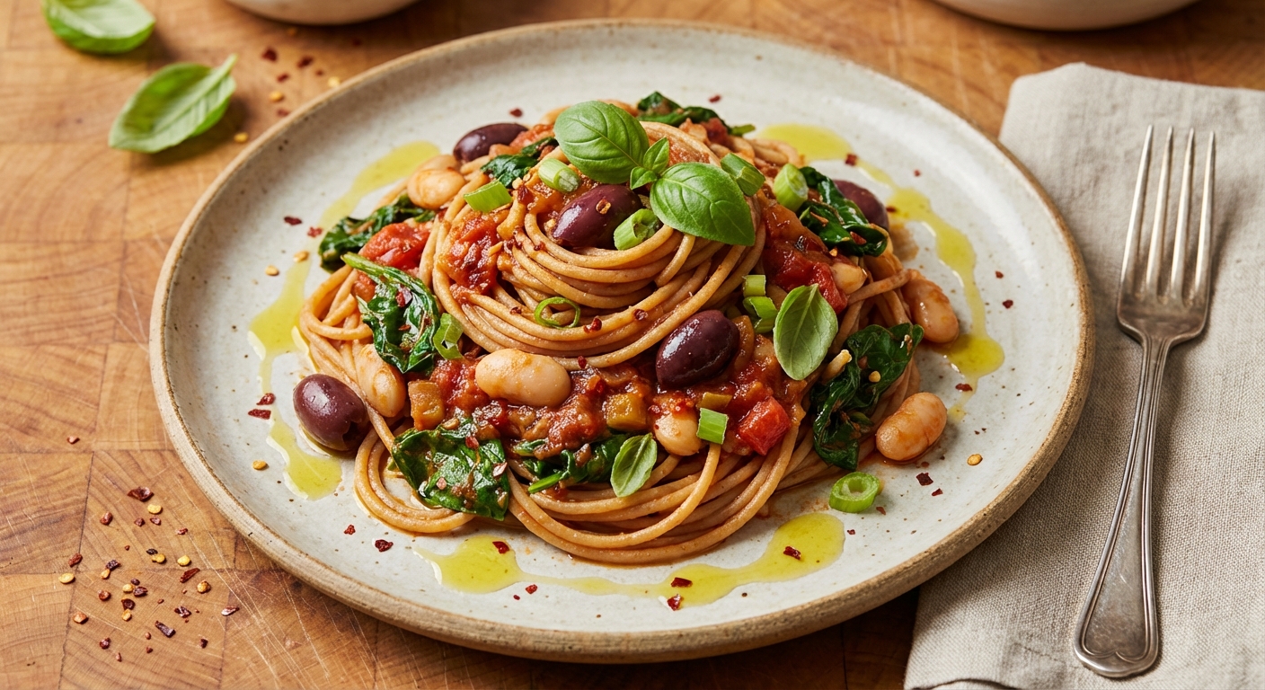 Whole-Wheat Spaghetti with Greens, Beans, and Tomatoes