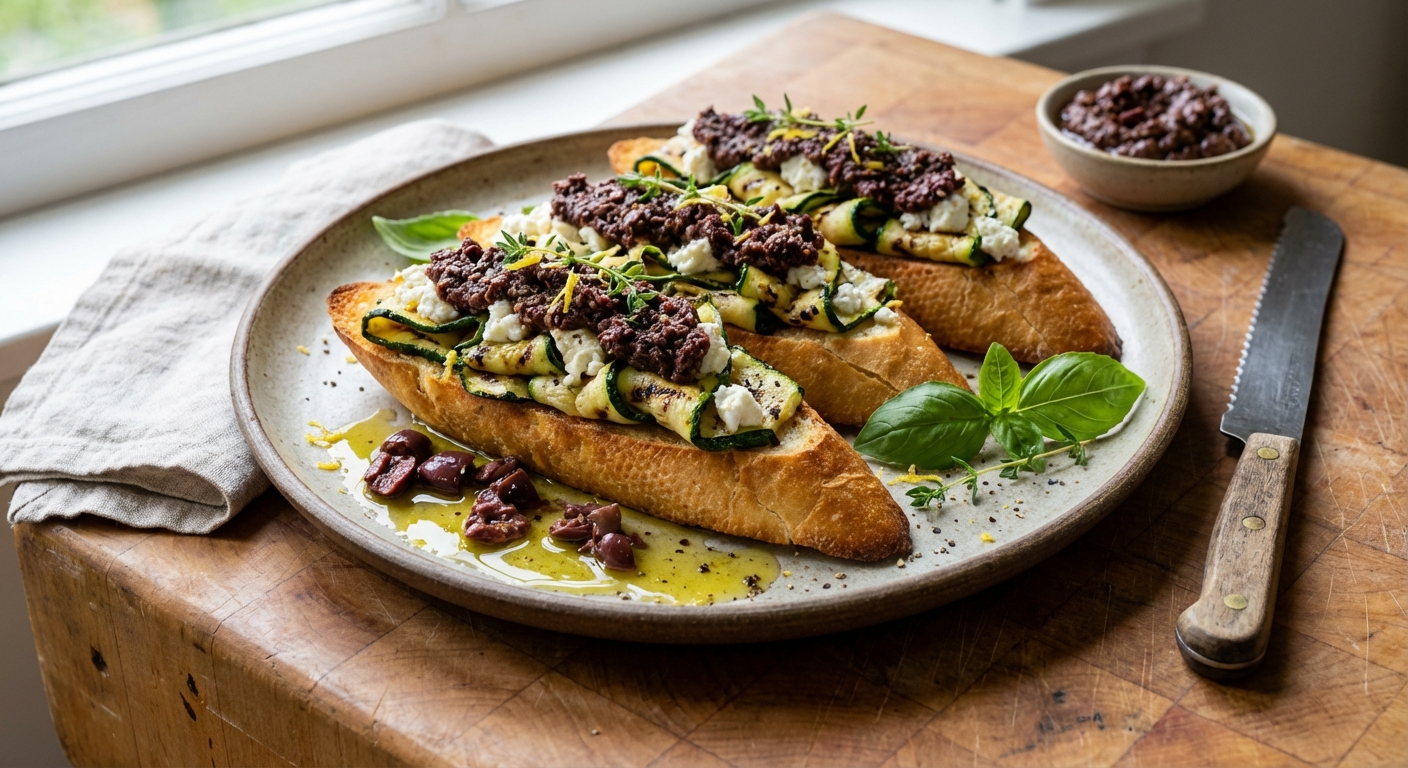 Zucchini and Goat Cheese Baguettes with Olive Tapenade